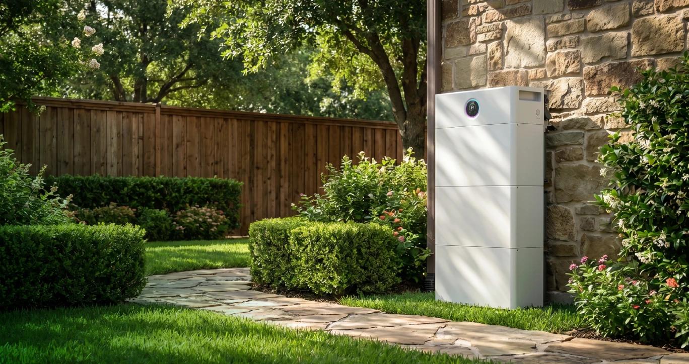 GoodWe Athena S3 Batteriespeicher in drei Größen vor Solarmodulen auf einer Terrasse